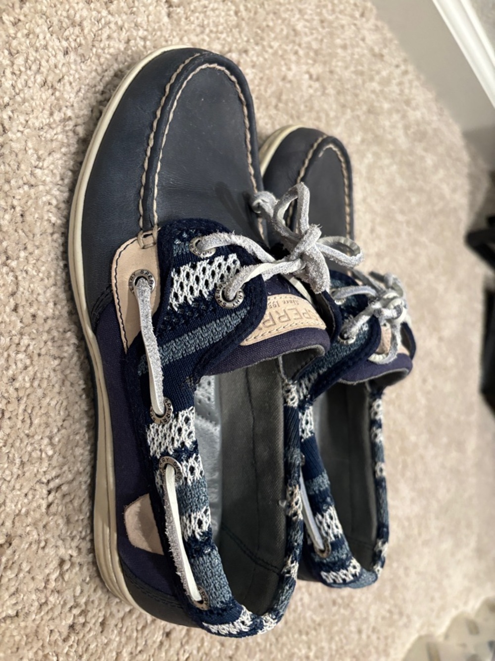 Sperry Navy and Cream Knit-Accent Boat Shoes
